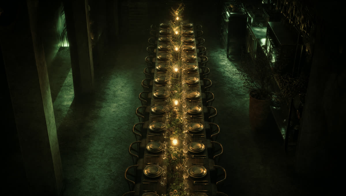 Eine lange Banketttafel von oben, warm beleuchtet